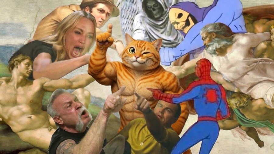 Buff Cat as a Sistine Chapel style painting, surrounded by internet reaction-meme faces