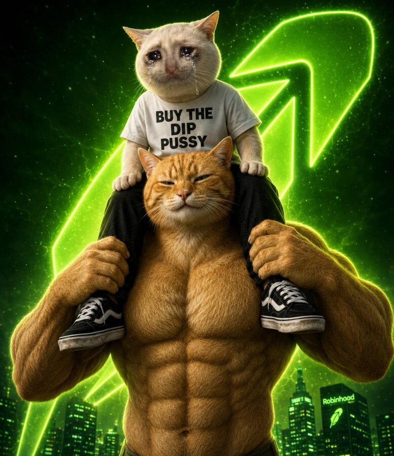 Buff Cat carrying a smaller crying cat on his shoulders in front of a neon Robinhood arrow