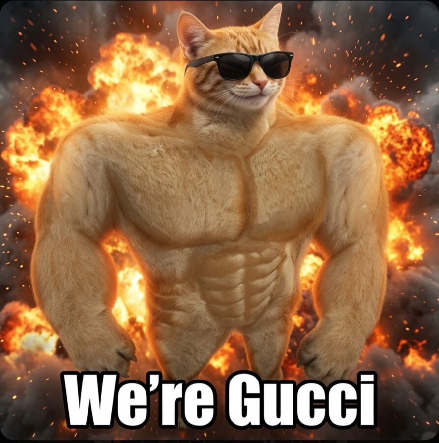 Buff Cat flexing in sunglasses in front of an explosion