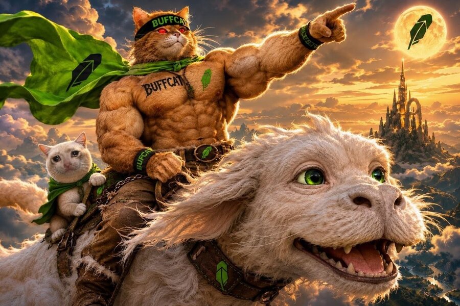 Buff Cat riding a giant flying luck-dragon, BUFFCAT branded gear, castle in the clouds