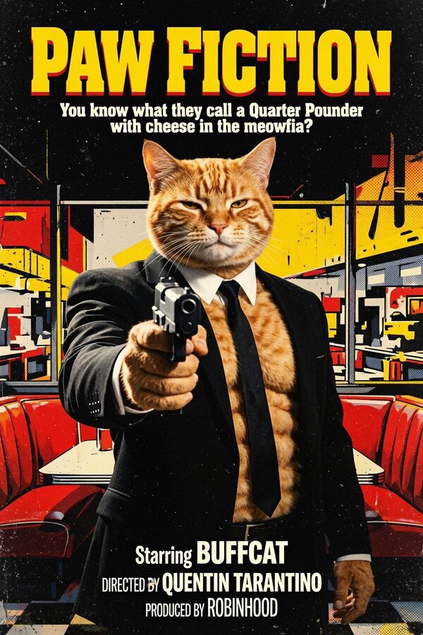 Movie poster parody, Buff Cat in a suit pointing a gun, titled Paw Fiction